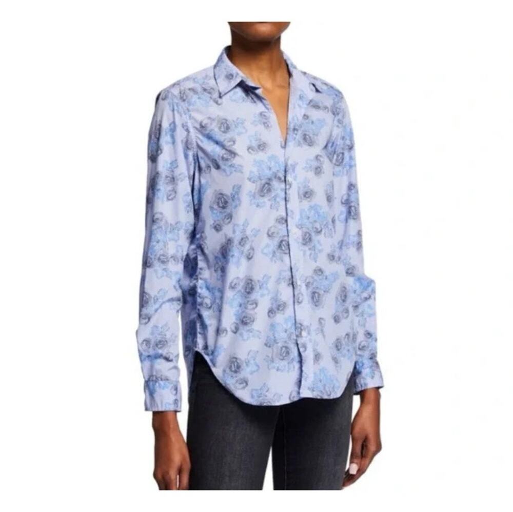 Frank & Eileen FRANK Floral Striped Blue Cotton Blouse Size XS EUC!